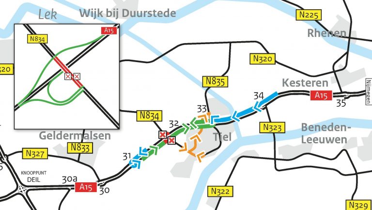Weekendsluiting N834 viaduct Kerk-Avezaath-Tiel